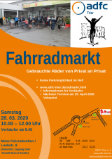 ADFC-Radmarkt bei Monz Fahrradwelten in der Loebstraße 9 (Innenhof, Zugang über Rudolf-Diesel-Straße) am 28. März 2020 von 10.00 bis 12.00 Uhr.