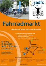 ADFC-Radmarkt auf dem Viehmarktplatz gegenüber Henn Zweiräder am 17. Juni 2023 von 10.00 bis 12.00 Uhr.